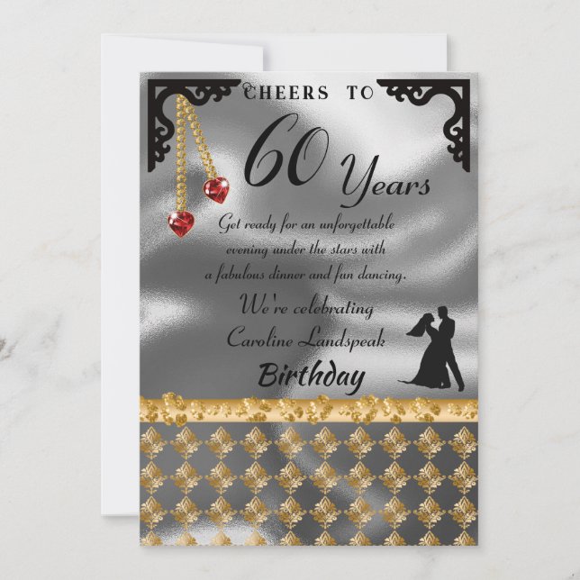 Invitation 60e Anniversaire Dance Party Silver Foil, Coeur Ro (Devant)