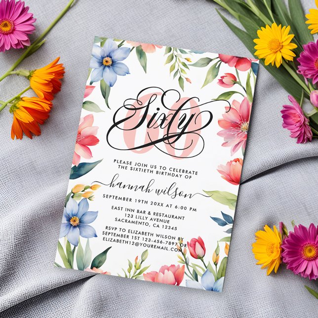 Invitation 60e anniversaire de fête aquarelle photo florale (Créateur téléchargé)