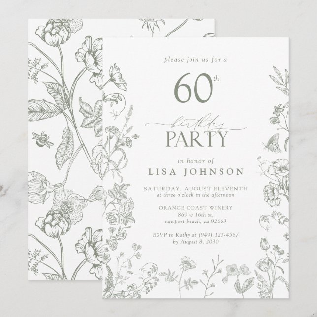 Invitation 60e anniversaire de fête Sage Green Floral victori (Devant / Derrière)