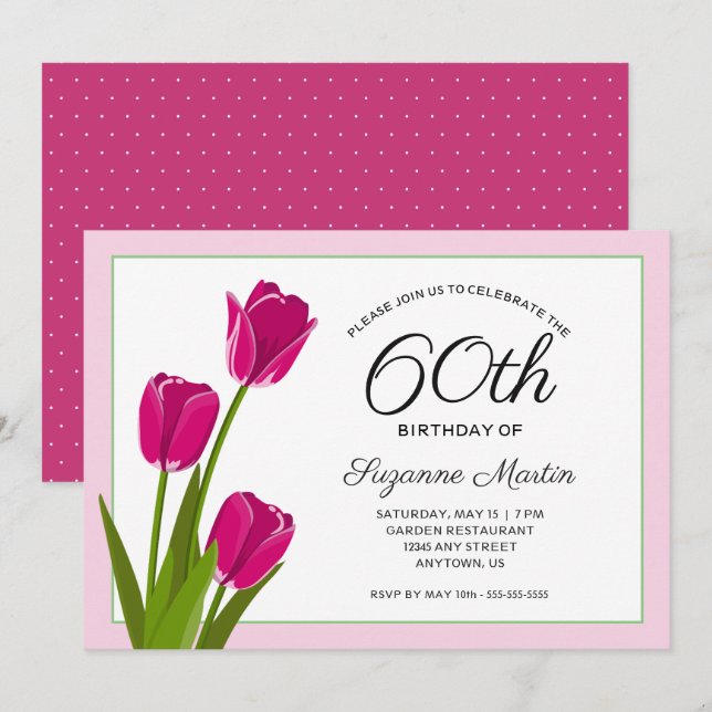 Invitation 60e anniversaire de fête Tulipes roses (Devant / Derrière)