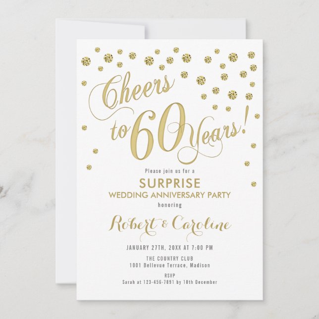 Invitation 60e anniversaire de mariage - Blanc et Or (Devant)