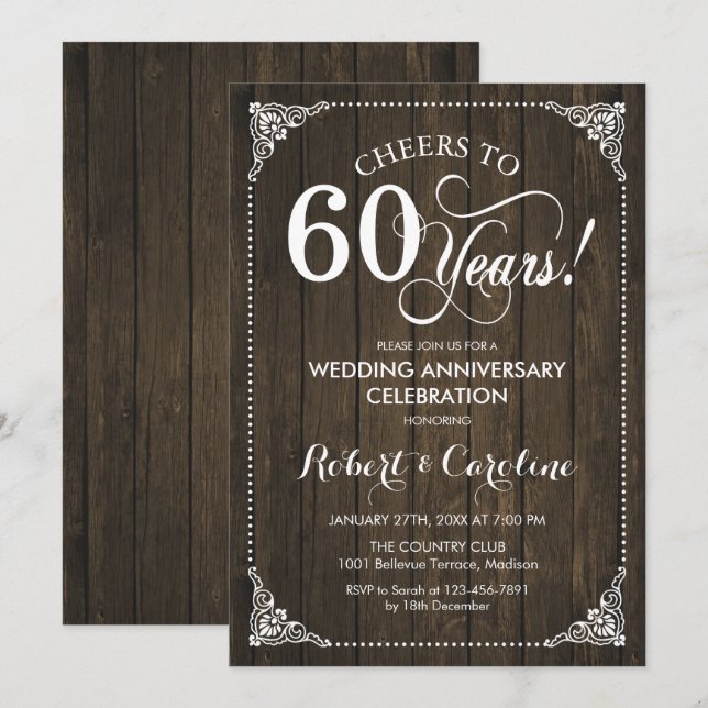 Invitation 60e anniversaire de mariage - Bois (Devant / Derrière)