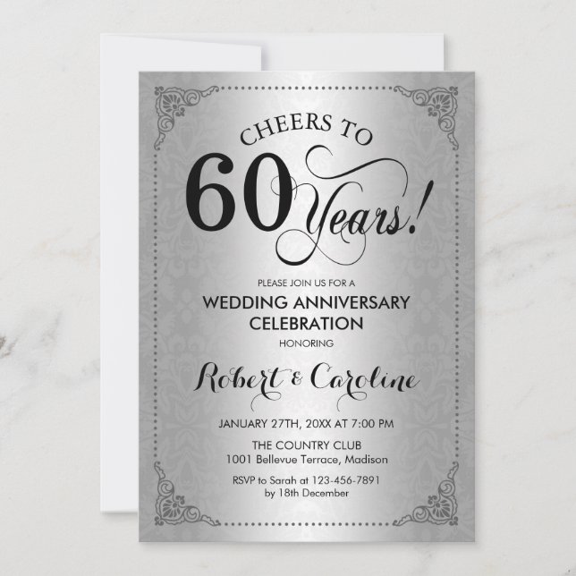 Invitation 60e anniversaire de mariage - Damassé noir argenté (Devant)