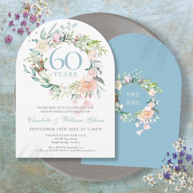 Invitation 60e anniversaire de Mariage diamant Arc floral Ros (60th Diamond Wedding Anniversary Roses Floral Arch Invitation)