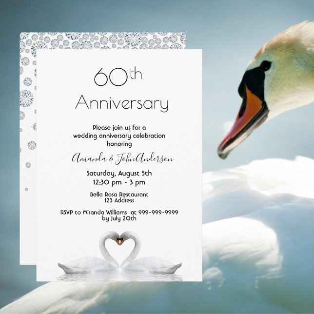 Invitation 60e anniversaire de mariage diamant deux cygnes bl (Créateur téléchargé)