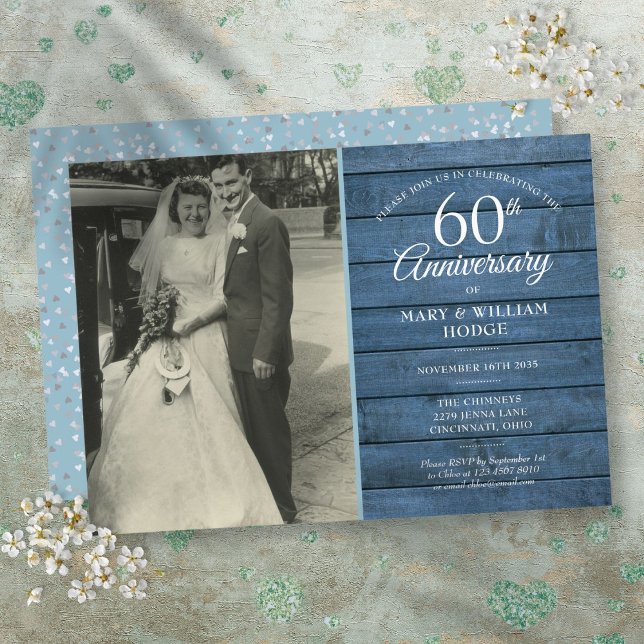Invitation 60e anniversaire de mariage diamant Photo Bleu Rus (60th Diamond Wedding Anniversary Photo Blue Rustic Invitation)