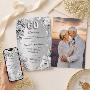 Invitation 60e anniversaire de mariage fleurs argentées ruban