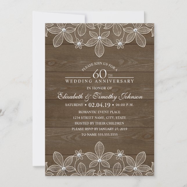 Invitation 60e anniversaire de mariage Rustique Bois Dentelle (Devant)