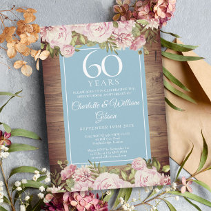Invitation 60e Anniversaire de Mariage Rustique Roses Verdure