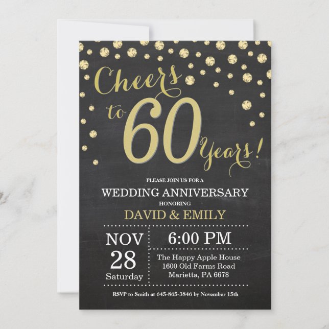 Invitation 60e anniversaire de mariage tableau noir et or (Devant)
