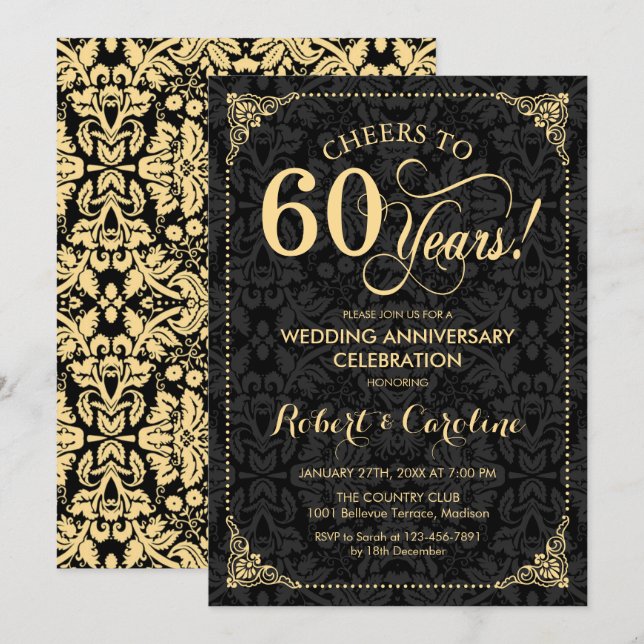 Invitation 60e anniversaire du Mariage - Damas Noir Or (Devant / Derrière)