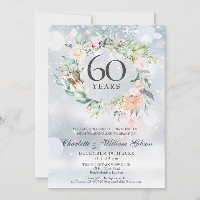 Invitation 60e anniversaire du Mariage diamant Floral d'hiver (Devant)