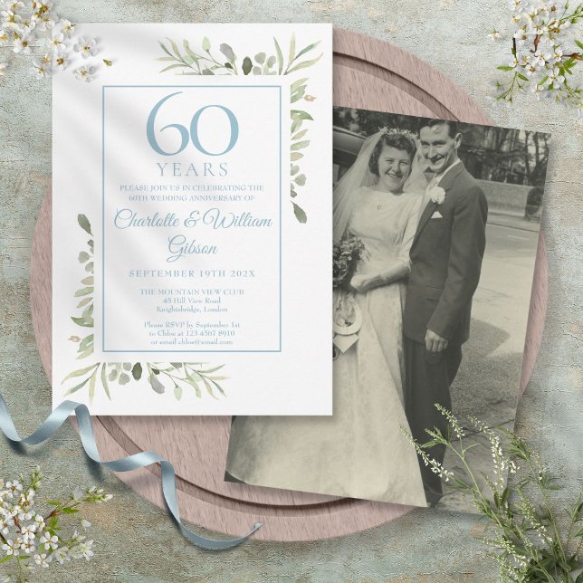Invitation 60e anniversaire du Mariage diamant Photo vert (60th Diamond Wedding Anniversary Photo Greenery Invitation)