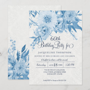 Invitation 60e anniversaire Dusty Bleu Blanc dentelle Damas F