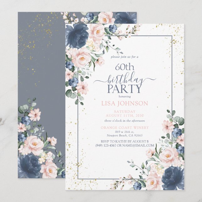 Invitation 60e anniversaire Dusty Blue Blush or rose Floral (Devant / Derrière)