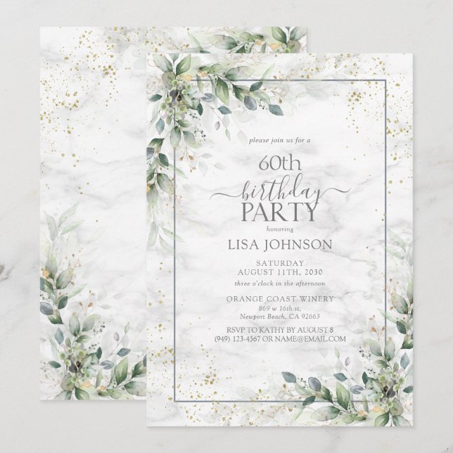 Invitation 60e anniversaire Dusty Eucalyptus or botanique (Devant / Derrière)
