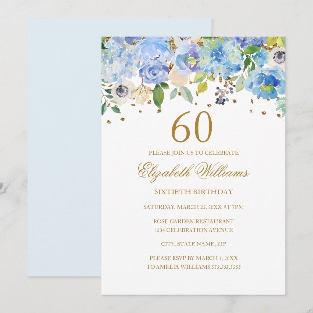 Invitation 60e anniversaire Elegant Blue Gold Floral Invitati (Devant / Derrière)