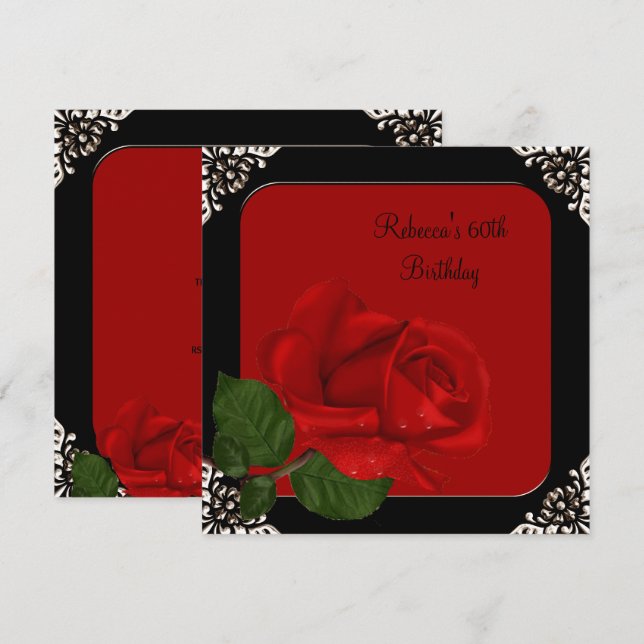Invitation 60e anniversaire Elégante rose rouge Fleurs noires (Devant / Derrière)