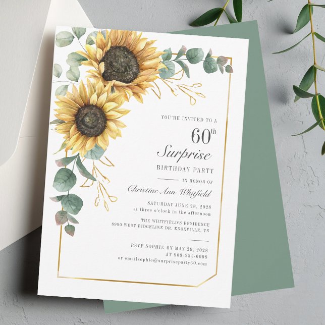 Invitation 60e anniversaire Eucalyptus floral tournesol (Sunflower Eucalyptus Floral 60th Birthday Invitation)