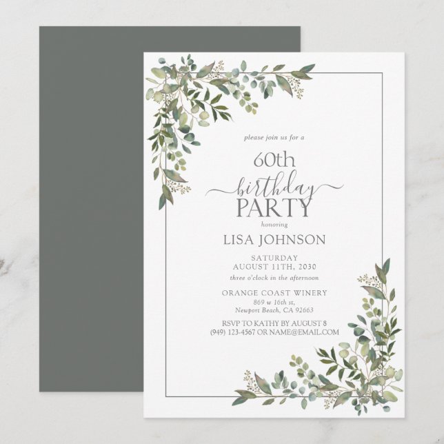 Invitation 60e anniversaire Eucalyptus Sage Green Botanical (Devant / Derrière)