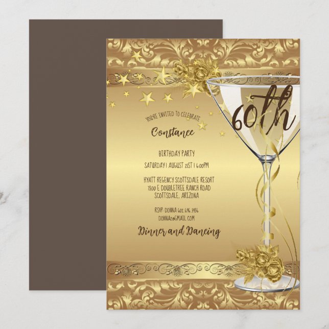 Invitation 60e anniversaire fête Elégant tournois d'or Fleurs (Devant / Derrière)