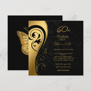 Invitation 60e anniversaire fête Elégante Black & Gold Swirls