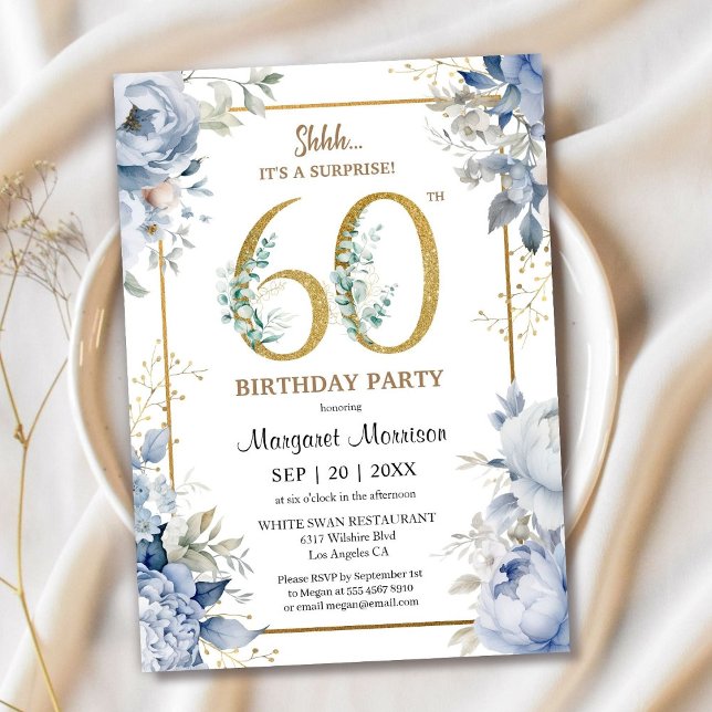 Invitation 60e anniversaire fête élégante Dusty Blue Floral (Créateur téléchargé)