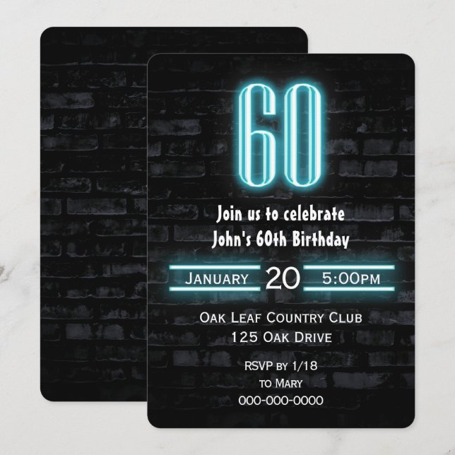 Invitation 60e Anniversaire fête Neon Connexion Brick (Devant / Derrière)