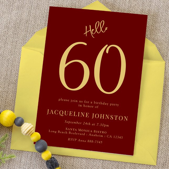 Invitation 60e Anniversaire Fête Rouge et Or Bonjour 60 (Créateur téléchargé)