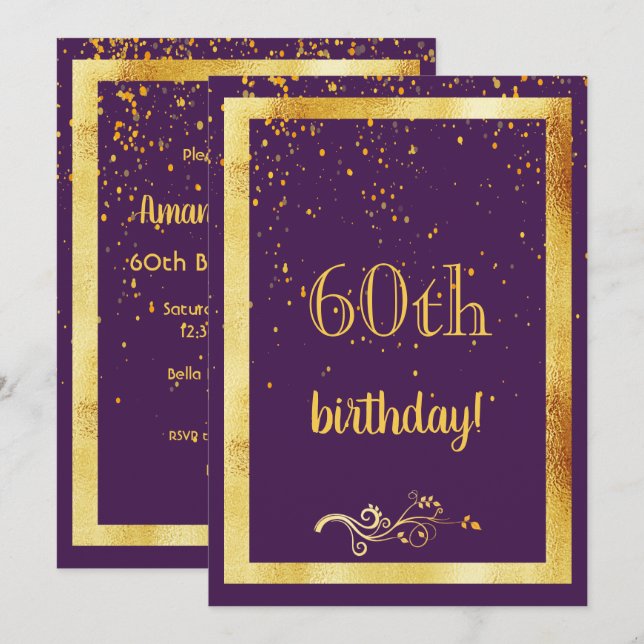 Invitation 60e anniversaire fête violet or élégant (Devant / Derrière)