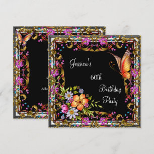 Invitation 60e Anniversaire Fleur rose Papillon Or Noir 3