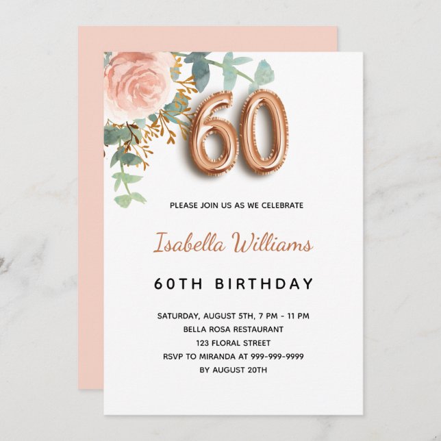 Invitation 60e anniversaire fleuri rose or eucalyptus vert (Devant / Derrière)