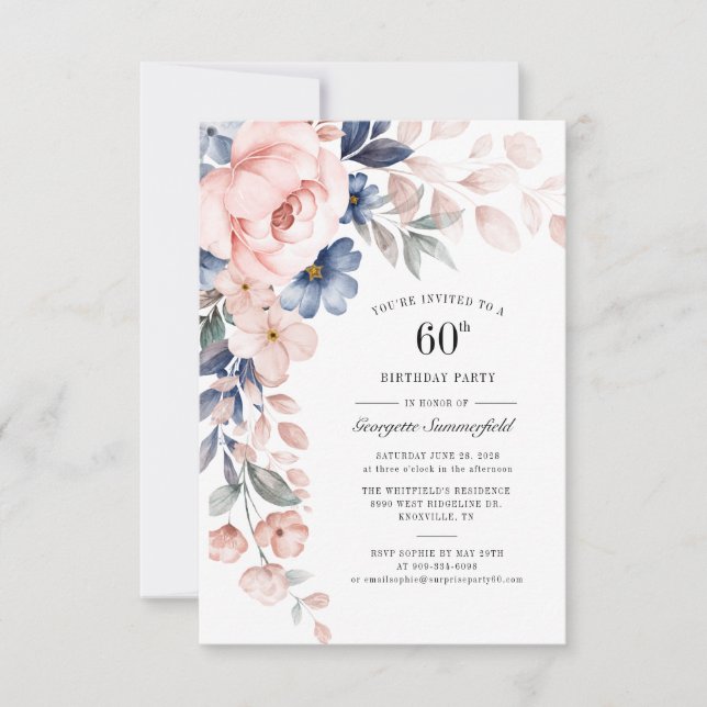 Invitation 60e anniversaire Floral Dusty bleu rose (Devant)