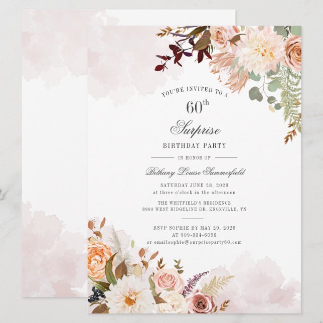 Invitation 60e anniversaire Floral Pastel Green Surprise Part (Devant / Derrière)