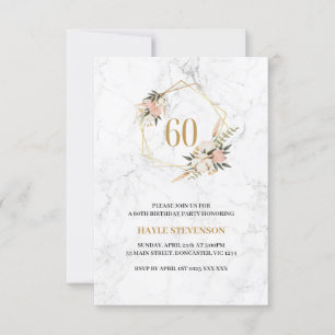 Invitation 60e Anniversaire Floral Rose Marbre Blanc Chic