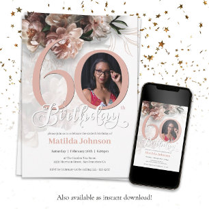 Invitation 60e anniversaire Floral rose Photo personnalisée É