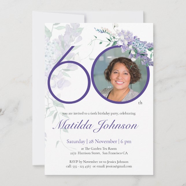 Invitation 60e anniversaire Floral Wisteria Purple Elegant Ph (Devant)