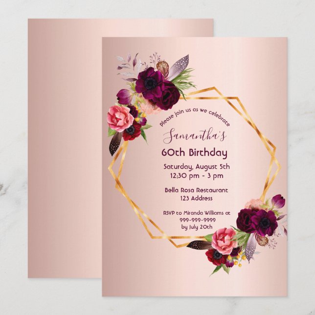 Invitation 60e anniversaire flores bordeaux rose or géométriq (Devant / Derrière)