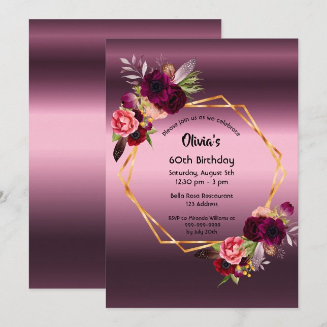 Invitation 60e anniversaire flores bordeaux violet géométriqu (Devant / Derrière)
