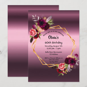 Invitation 60e anniversaire flores bordeaux violet géométriqu