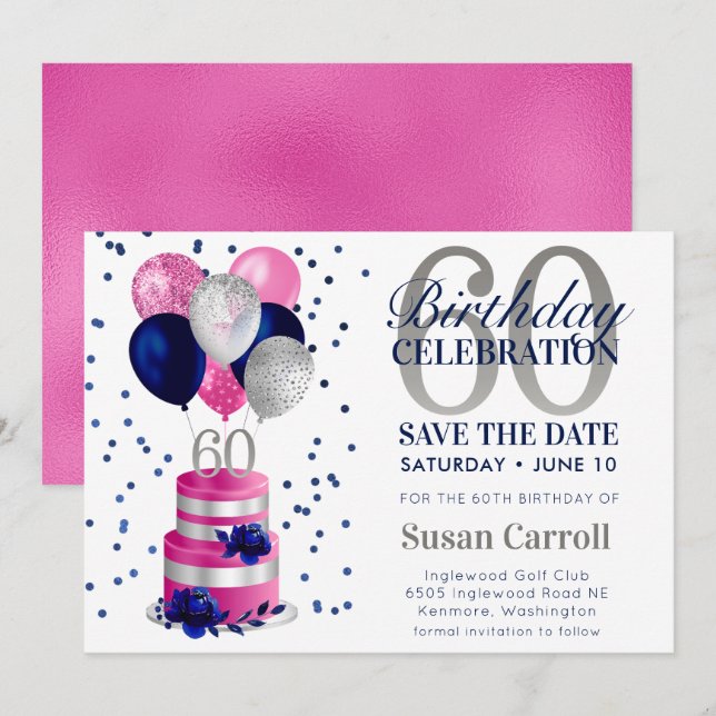 Invitation 60e Anniversaire Gâteau rose Enregistrer la date I (Devant / Derrière)