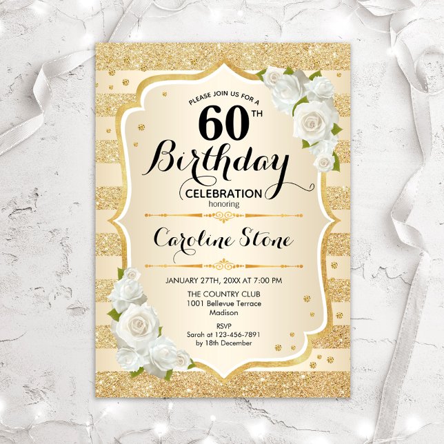 Invitation 60e Anniversaire Gold Stripes Roses blanches (Créateur téléchargé)