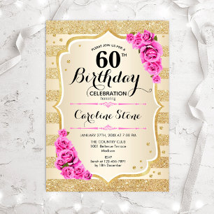 Invitation 60e Anniversaire Gold Stripes Roses Rose