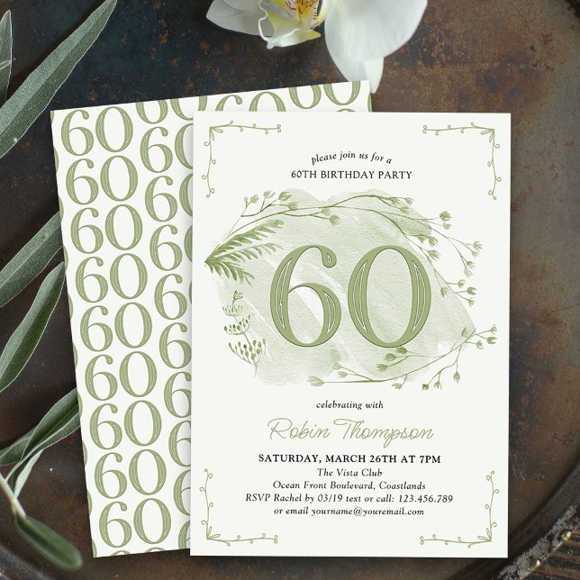 Invitation 60e anniversaire Green Dainty Fleur sauvage Numéro (60th Birthday Invitation - buy professionally printed or as digital download for printing or sharing)