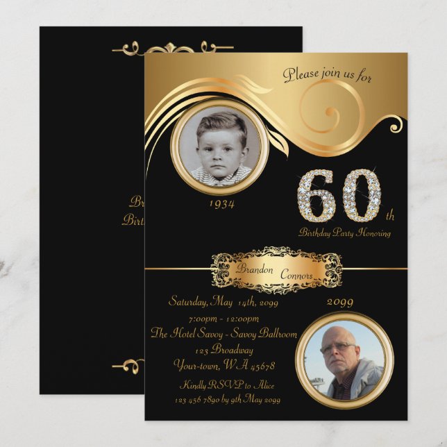 Invitation 60e,Anniversaire homme 60e,élégant art déco,or noi (Devant / Derrière)