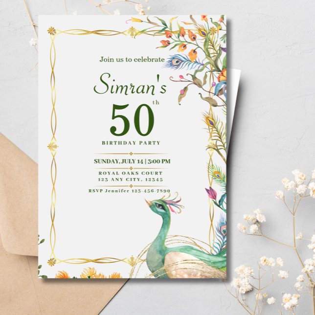 Invitation 60e anniversaire Indien Ethnic Green Gold Peacock (Créateur téléchargé)