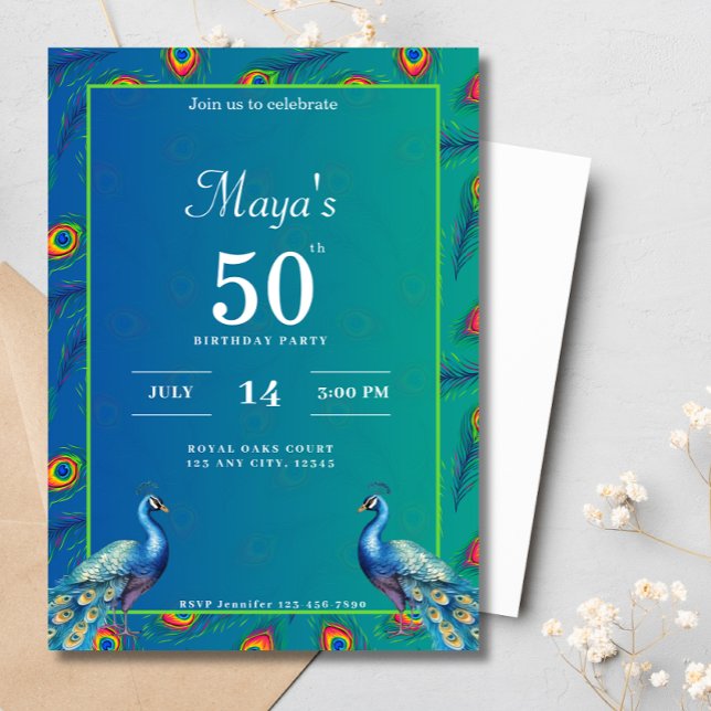 Invitation 60e anniversaire Indien Ethnic Green Gold Peacock (Créateur téléchargé)