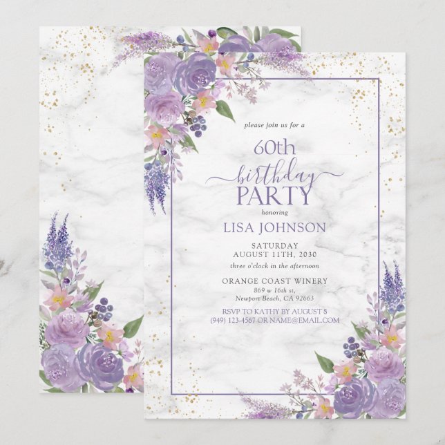 Invitation 60e anniversaire Lavender Lilac Marbre or Botaniqu (Devant / Derrière)