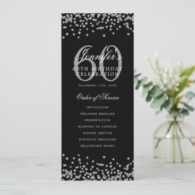 Invitation 60e Anniversaire Menu Merci U Silver Confetti (Debout devant)
