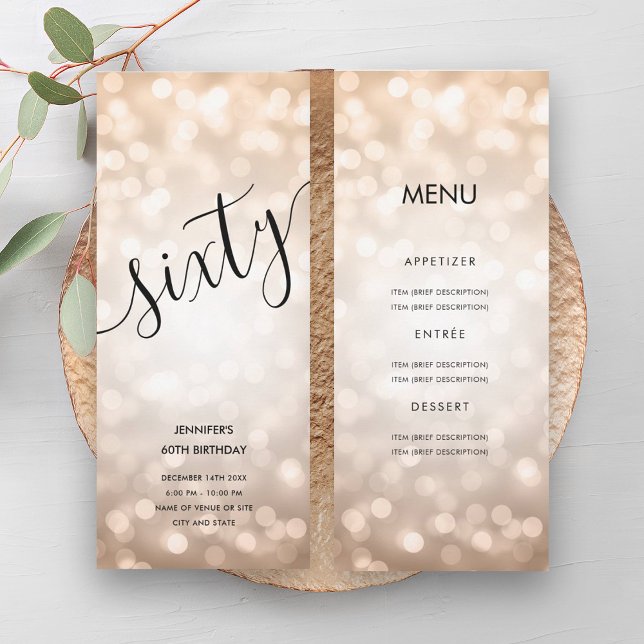 Invitation 60e anniversaire Menu Rose Gold Parties scintillan (60th Birthday Menu Rose Gold Glitter Lights Invitation)